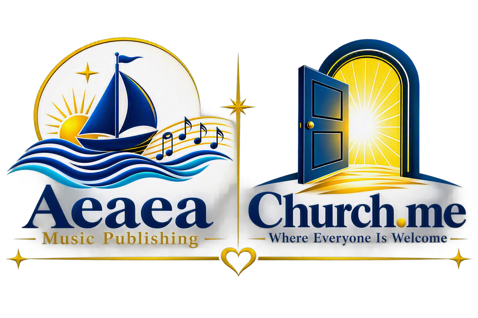Aeaea Music Publishing and Church.me logo featuring a sailboat, musical notes, and an open door illuminated by radiant light